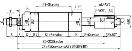 STANDARD ROD+A DOUBLE RODS WITH ADJUSTABLE NUT TYPE HYDRAULIC CYLINDER